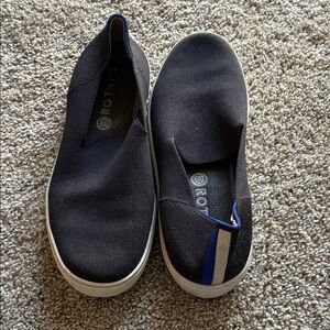 Rothy's Slip-On Sneakers in Black with Blue and White Accent